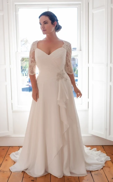 Short-Sleeve Draping Long A-Line Sweep-Train Dress