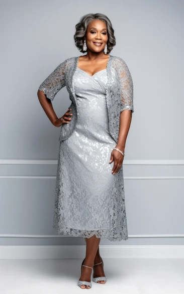 Tea-length Siver Half-sleeve Lace Mother of Bride Dress with Jacket