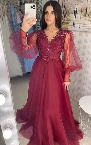 A Line Romantic V-neck Prom Dress with Sash and Beadings