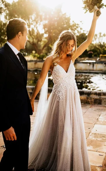 Tulle Spaghetti Backless Pleated Flowy Illusion Forestry Wedding Dress