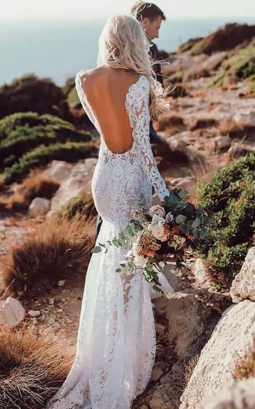 Lace Long Sleeve Courtry Backless V-neck Wedding Dress