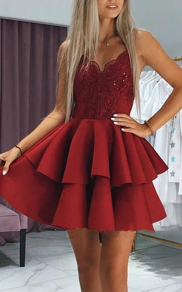 Adorable Satin Sheath Spaghetti Tier Short Dress with Applique and beading 