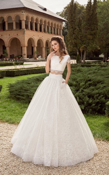 Scoop-neck Short Sleeve A-line Lace Two Piece Wedding Dress