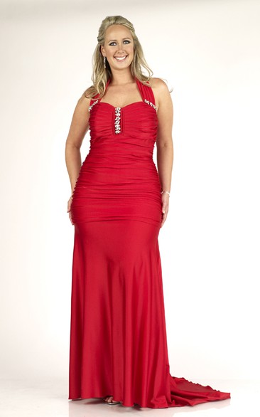 Haltered Sheath Ruched plus size Dress With Beading And Zipper