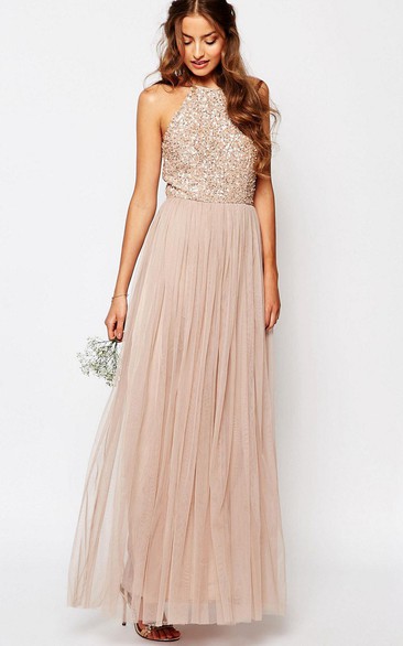 High Neck Sleeveless Tulle long Dress With Sequined top