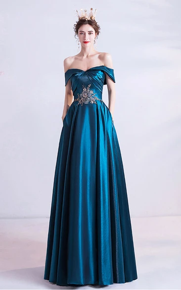 Elegant Off the Shoulder Empire Satin Dress with Ruching and Waist Jewelry
