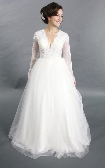 Tulle Rhinestone Wedding Long-Sleeve V-Neckline A-Line Gown