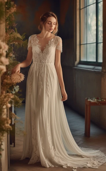 Ethreal Beautiful Short Sleeves V Neck Chiffon Wedding Dress with Appliques and Ribbon
