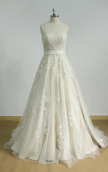 Lace Light Champagne Lining Tulle A-Line Bridal Dress