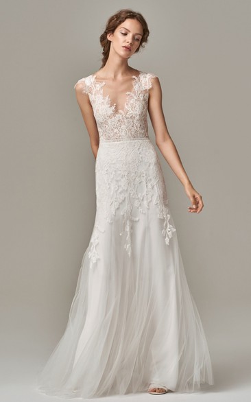 Elegant Sleeveless Sheath Lace Tulle V-neck Wedding Dress with Appliques and V Back