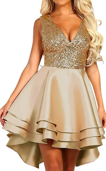 V-neck Satin Sequins Sleeveless Short Low-V Back Homecoming Dress with Tiers