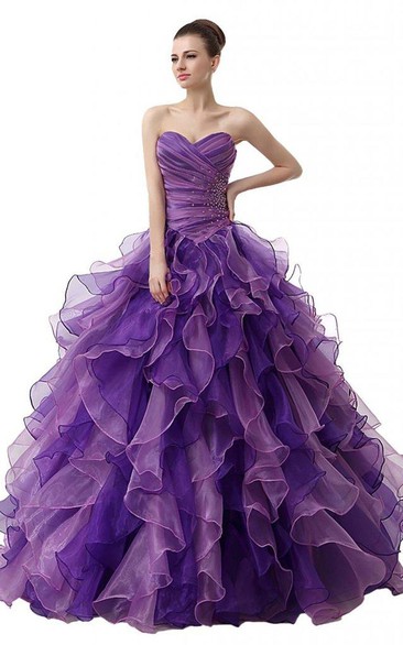 Dreaming Rhinestones Cascading Ruffled Sweetheart Ruched Ball Gown