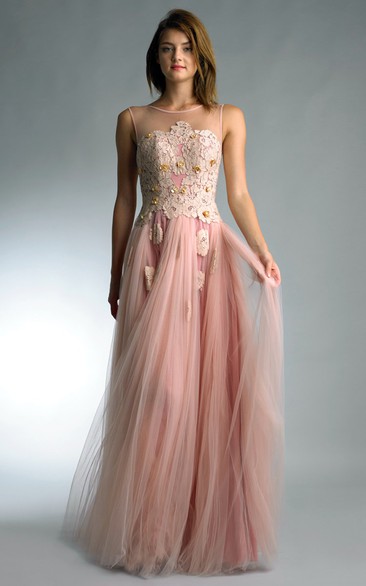 Jewel Tulle Floor-Length A-Line Low-V-Back Sleeveless Gown