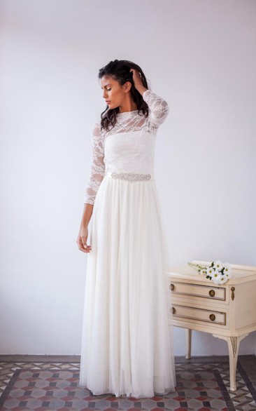 Lace Satin Tulle Long-Sleeve Wedding Jersey Gown
