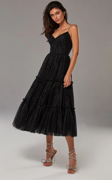 Tea-length A Line Tulle Prom Dress with Deep-V Back