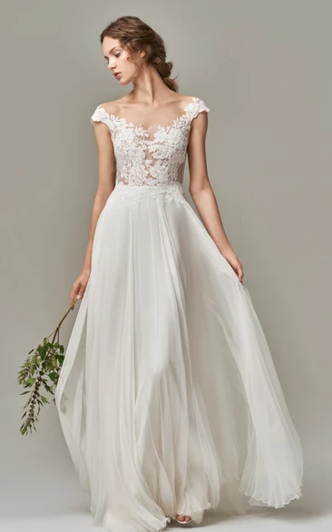 Elegant Short Sleeve A Line Chiffon Lace Bateau Wedding Dress with Appliques and Illusion V Back