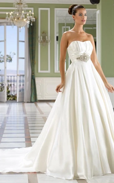 A-line Sweetheart Sleeveless Floor-length Satin Wedding Dress with Low-V Back and Waist Jewellery