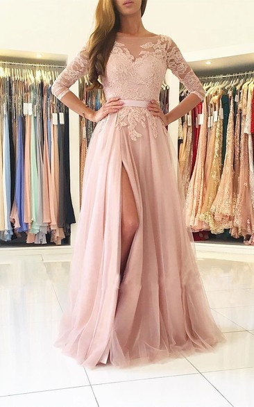 Jewel Lace Tulle 3 4 Length Sleeve Floor-length Pleats Split Front Embroidery Dress