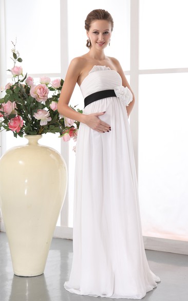 Strapless Floral Waistband Pregnant Chiffon Gown