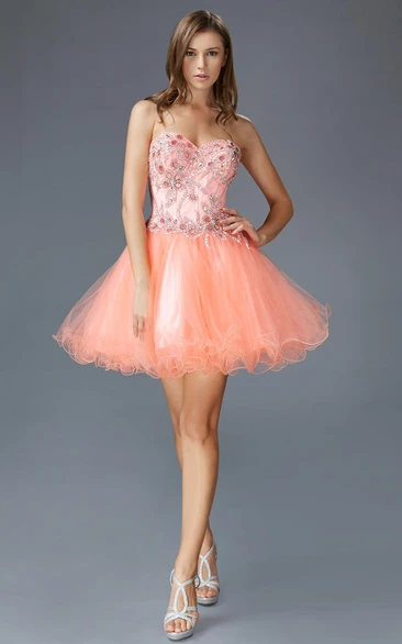 A-Line Satin Tulle Jeweled Short Mini Strapless Sweetheart Dress