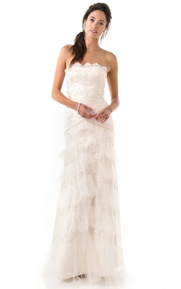 Strapless Sheath Tulle Tiered Long Wedding Dress  With Appliques