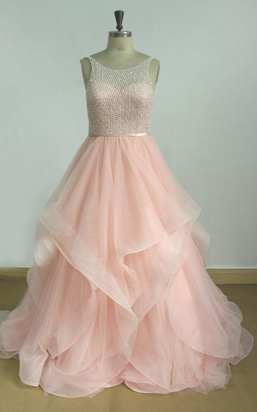 blushing Scoop-neck Sleeveless A-line Ruffled Prom Dress With Beaded top