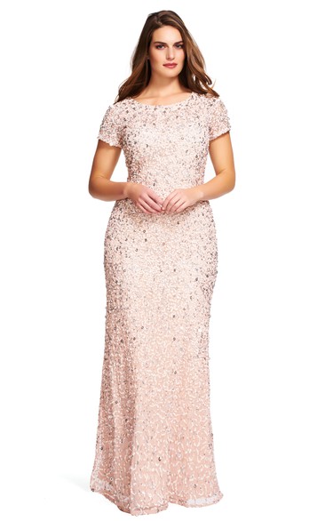 Scoop-neck Short Sleeve Lace plus size Prom Dress With Beading