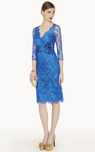 Short-Midi Floral Formal Rhinestone Appliqued Sheath Lace Gown