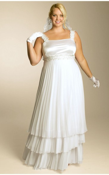 Strapped Tiered A-line plus size wedding dress With Jeweled Waist And Pleats