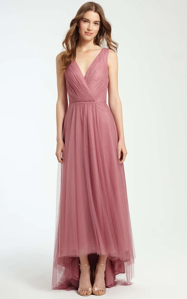 Tulle Plunged High-low Sleeveless Bridesmaid Dress With Pleats