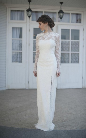 Illusion-Sleeve Slit Side High-Neckline Gorgeous Bridal Gown