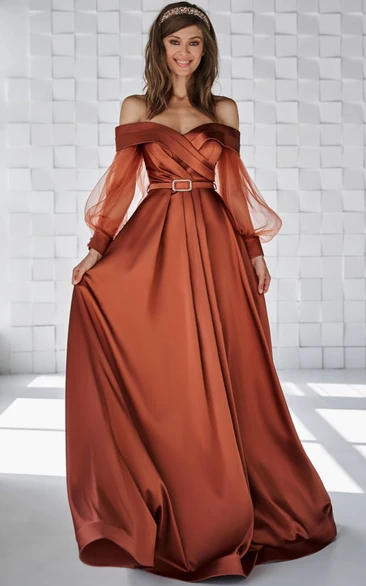 Off-the-shoulder Puff Long Sleeve Criss-cross Dress with Sweep Train