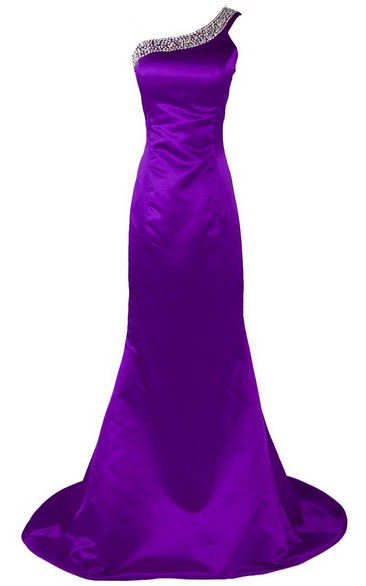 Floor-Length Beaded Neck Long One-Shoulder Satin Gown