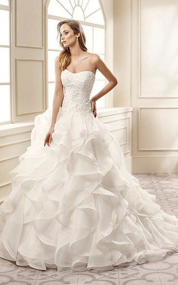 A-Line Appliqued Strapless Long Organza Wedding Dress With Cascading Ruffles And Court Train