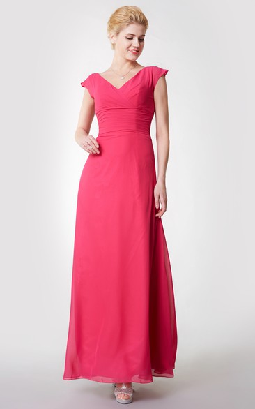 Chiffon Low-V Back A-Line Cap-Sleeved Gown