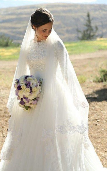 High Neck Lace Tulle Illusion Half Sleeve Wedding Dress