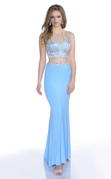 Crop-Top Beaded-Bodice Sequined Trumpet Sleeveless Jersey Gown