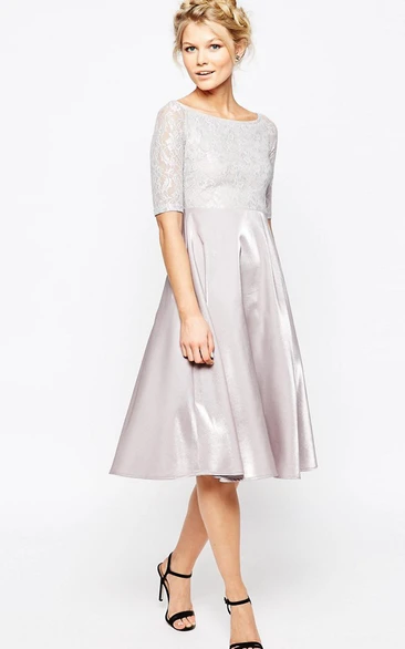 Scoop-neck Short Sleeve A-line Knee-length Dress With Lace top