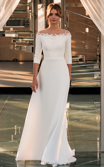 Sheath Off-the-shoulder Satin Floor-length 3/4 Length Sleeve Wedding Dress With Appliques