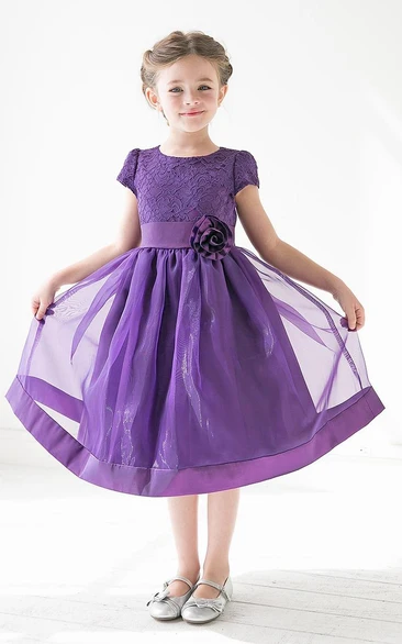 Lace Satin Ribbon Floral 3-4-Length Flower Girl Dress
