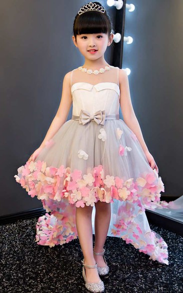 A-line High-low Jewel Sleeveless Tulle Dress with Bow