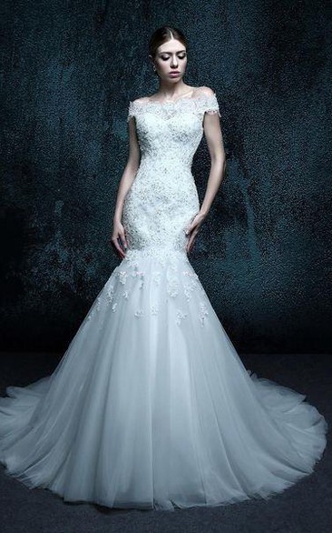 Lace Rhinestone Appliqued Tulle Mermaid Wedding Gown