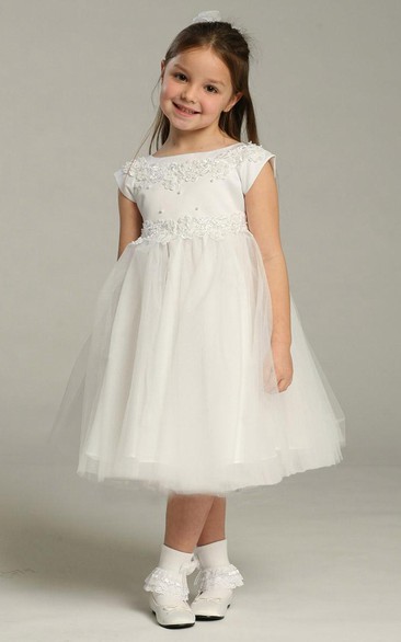 Cap-Sleeve Lace Appliqued Tea-Length Tulle Flower Girl Dress
