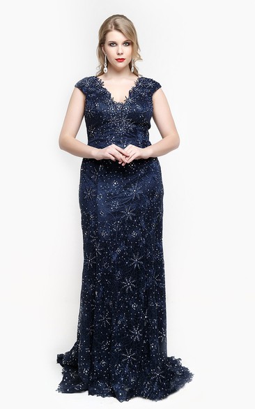 Lace Rhinestone Appliques Cap-Sleeve V-Neckline Dress
