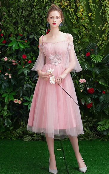 Off-the-shoulder Tulle Tea-length Formal Dress With Appliques