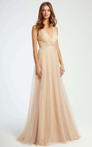 Plunged Sleeveless Tulle Floor-length Bridesmaid Dress With Ruching