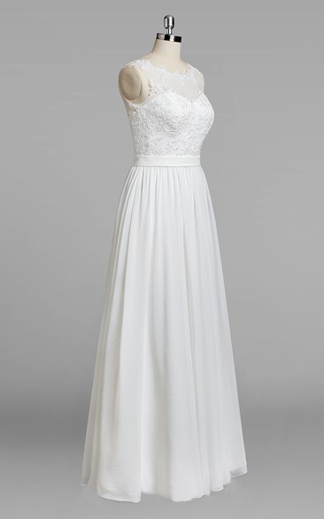 Chiffon Bridal Sleeveless Jewel-Neckline Lace-Top Dress