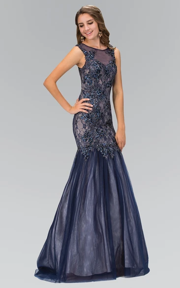 Trumpet Appliqued Jeweled Full-Length Scoop-Neck Illusion Sleeveless Dress