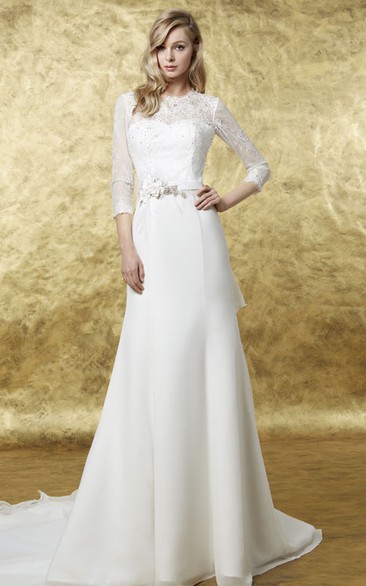 Jewel-Neck Illusion Long Sleeve Sheath Dress With Bow And Lace 
