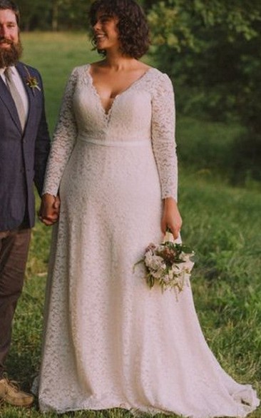 Modern A Line V-neck Floor-length Long Sleeve Lace Wedding Dress